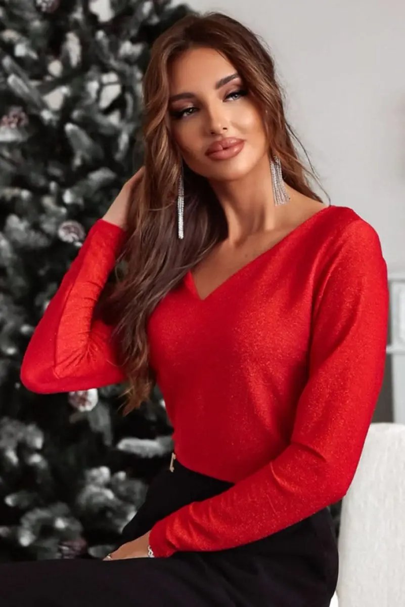 Racing Red Metallic Bowknot Open Back V Neck Top - Love Salve